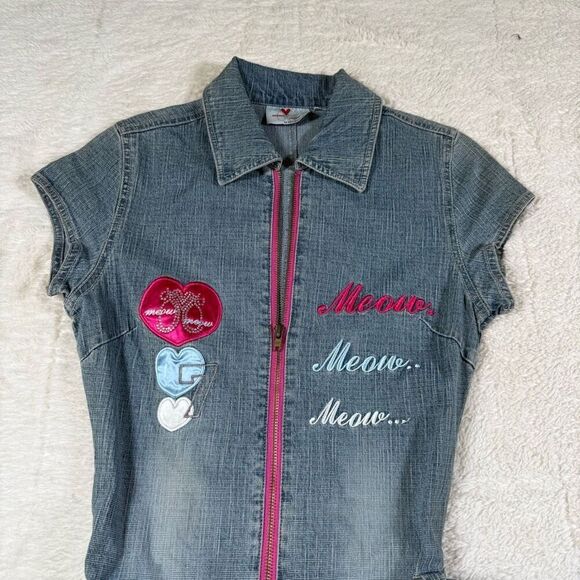 NWT Meow Meow Vintage Y2K Denim Mini Dress Zip Front Belted - Picture 3 of 6